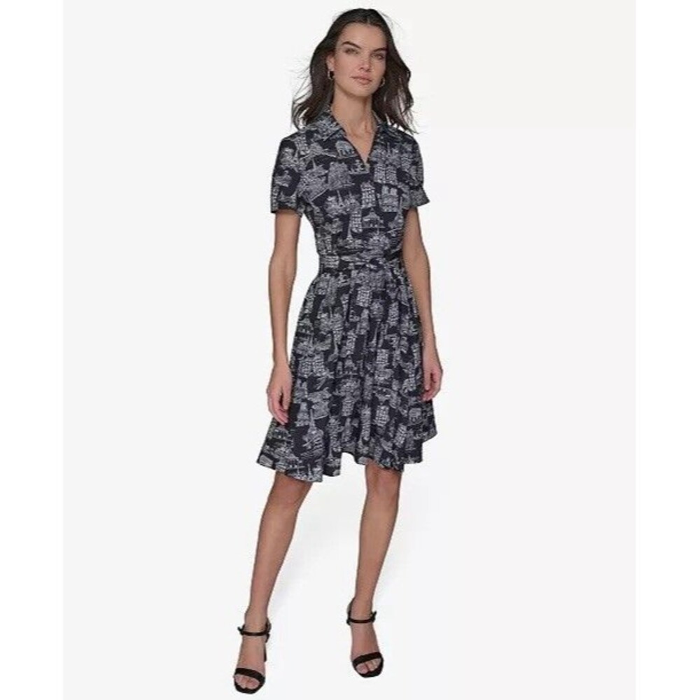 KARL LAGERFELD PARIS Toile Women’s New 2 Shirt Dress Landmark Belted Tie Waist